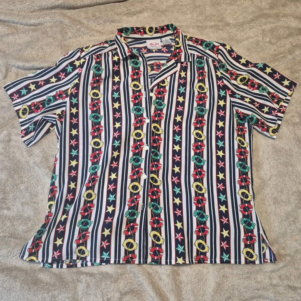 TanJay Petite Vintage Nautical Lifebuoy Star Stripe Button Up Shirt Navy Red 16P